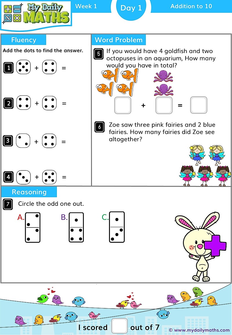 Year 1 Addition to 10 - Day 1 - Addition & Subtraction maths worksheet with fluency, word problem, and reasoning sections