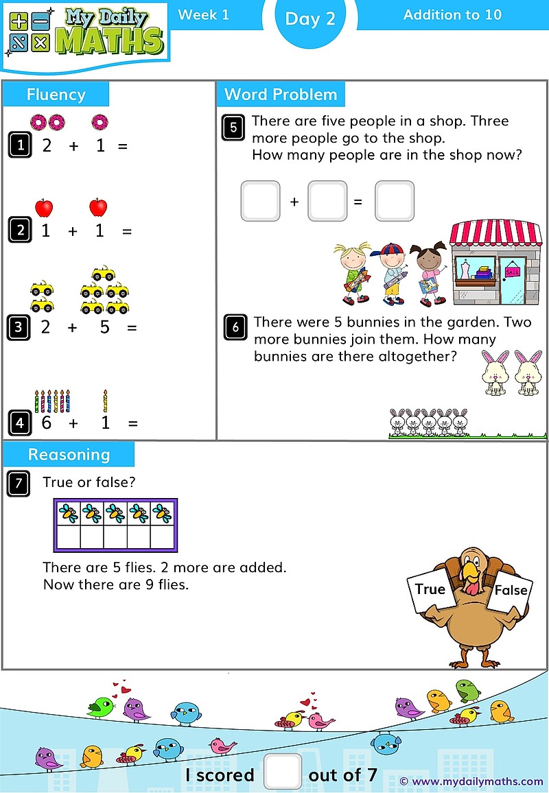 Year 1 Addition to 10 - Day 2 - Addition & Subtraction maths worksheet with fluency, word problem, and reasoning sections