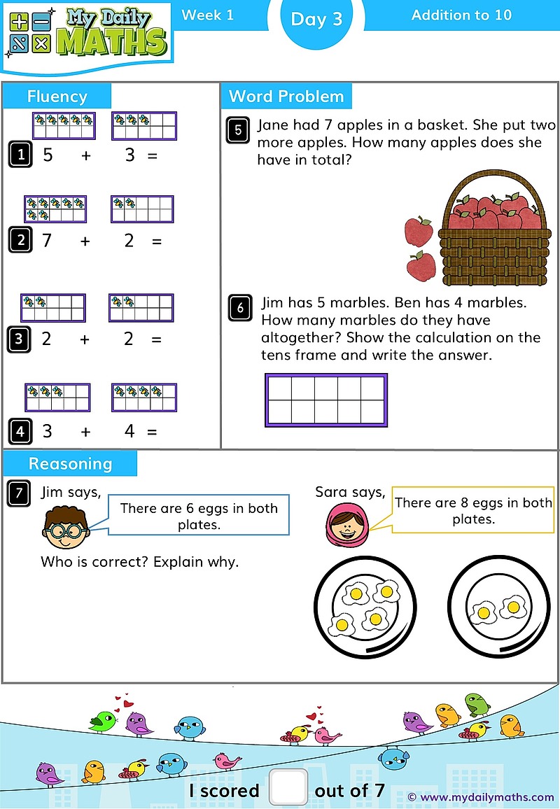 Year 1 Addition to 10 - Day 3 - Addition & Subtraction maths worksheet with fluency, word problem, and reasoning sections