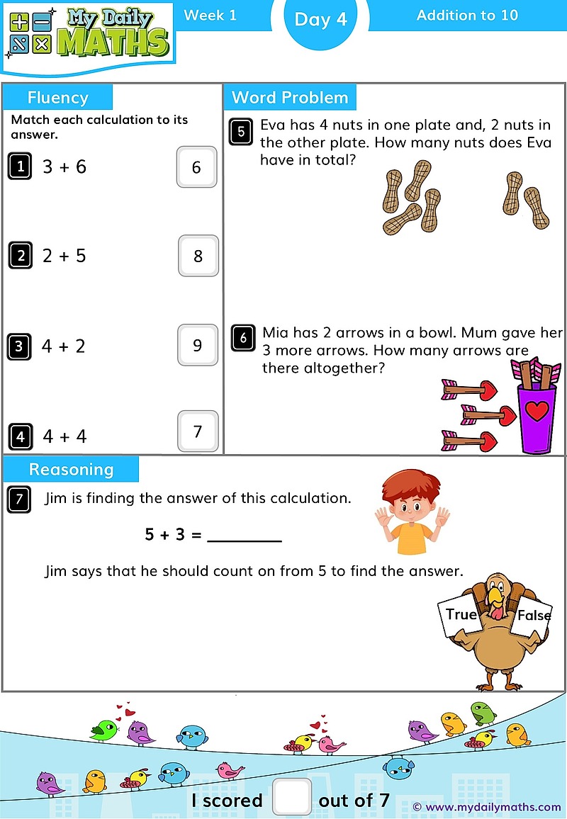 Year 1 Addition to 10 - Day 4 - Addition & Subtraction maths worksheet with fluency, word problem, and reasoning sections