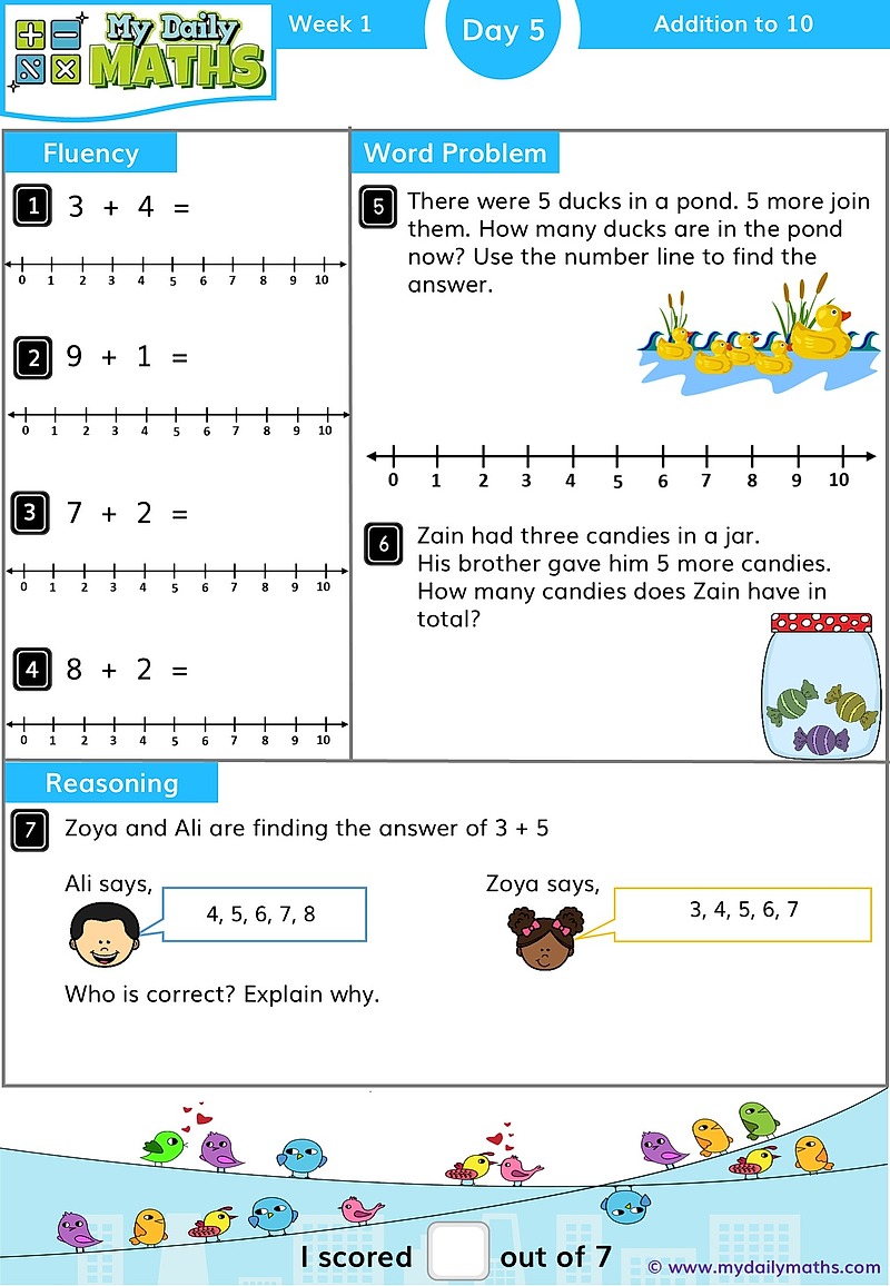 Year 1 Addition to 10 - Day 5 - Addition & Subtraction maths worksheet with fluency, word problem, and reasoning sections