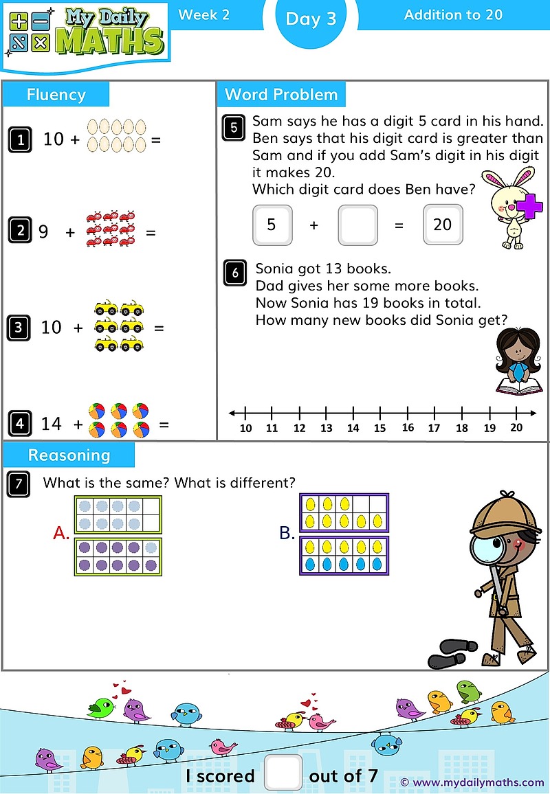 Year 1 Subtraction to 10 - Day 3 - Addition & Subtraction maths worksheet with fluency, word problem, and reasoning sections