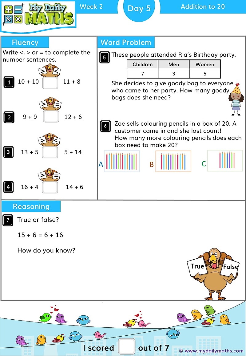 Year 1 Subtraction to 10 - Day 5 - Addition & Subtraction maths worksheet with fluency, word problem, and reasoning sections
