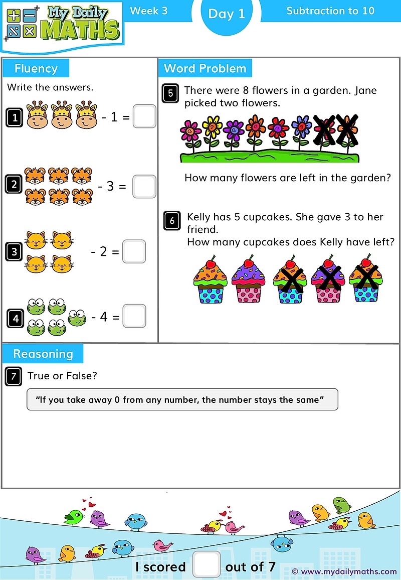 Year 1 Addition to 20 - Day 1 - Addition & Subtraction maths worksheet with fluency, word problem, and reasoning sections