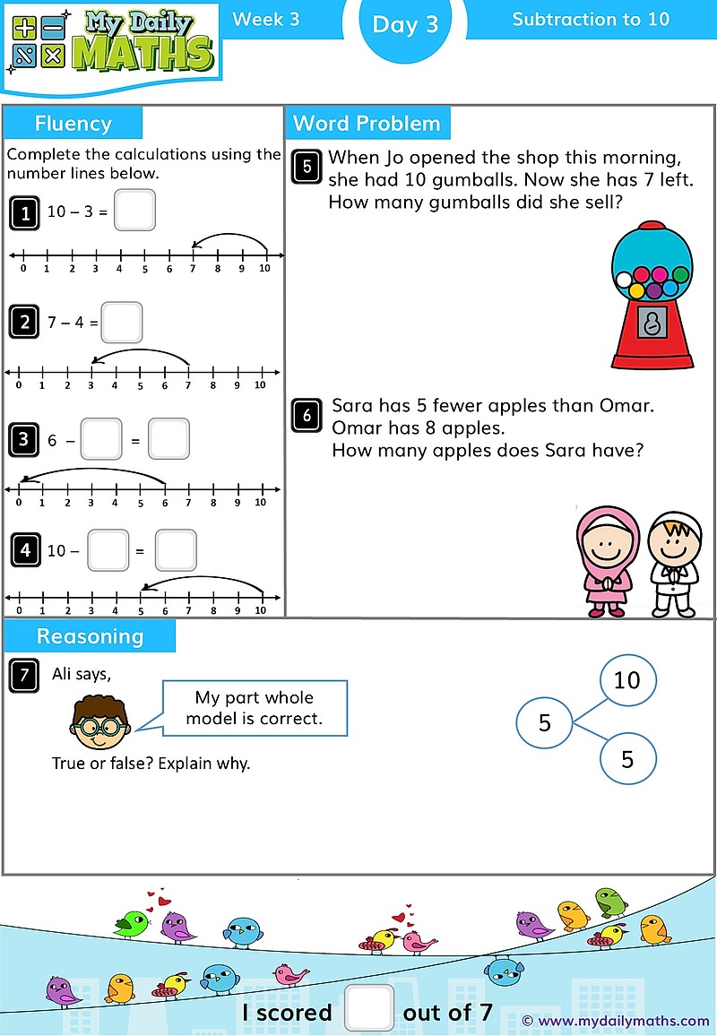 Year 1 Addition to 20 - Day 3 - Addition & Subtraction maths worksheet with fluency, word problem, and reasoning sections