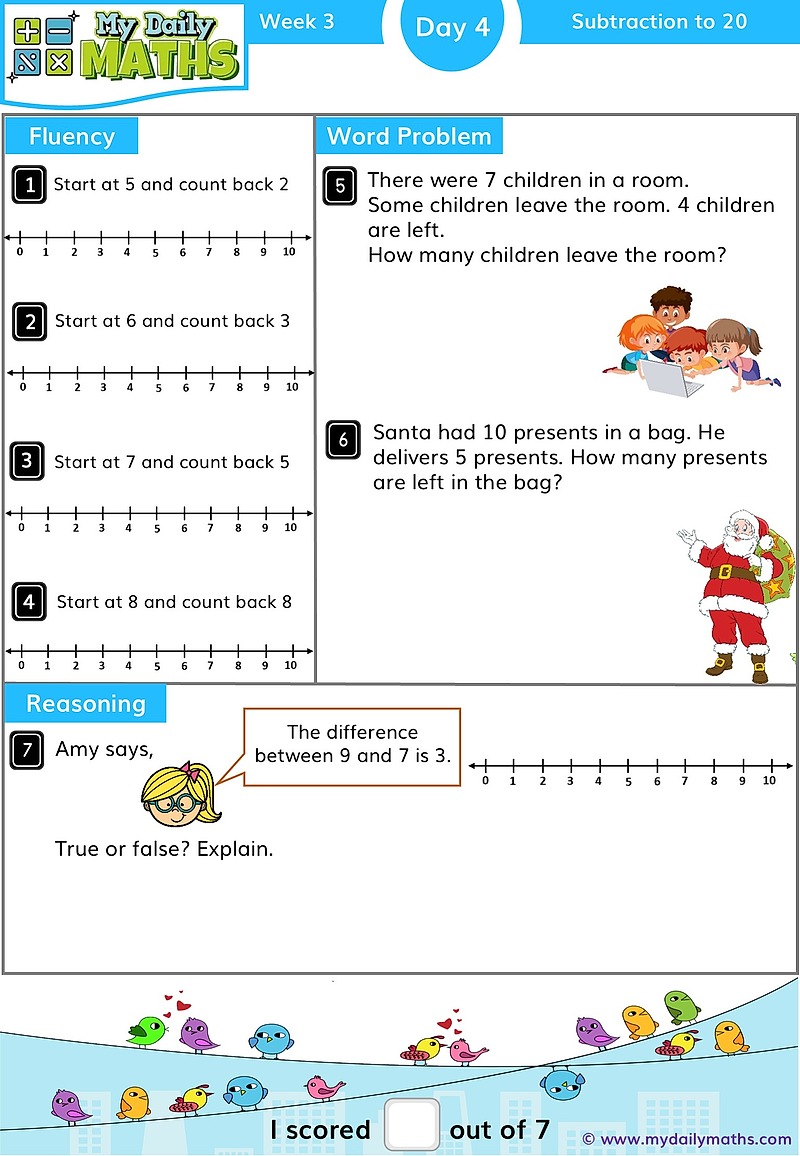 Year 1 Addition to 20 - Day 4 - Addition & Subtraction maths worksheet with fluency, word problem, and reasoning sections