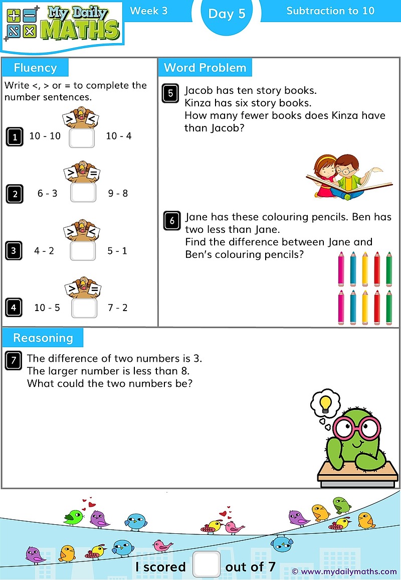 Year 1 Addition to 20 - Day 5 - Addition & Subtraction maths worksheet with fluency, word problem, and reasoning sections
