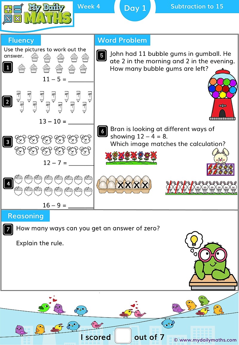 Year 1 Subtraction to 20 - Day 1 - Addition & Subtraction maths worksheet with fluency, word problem, and reasoning sections