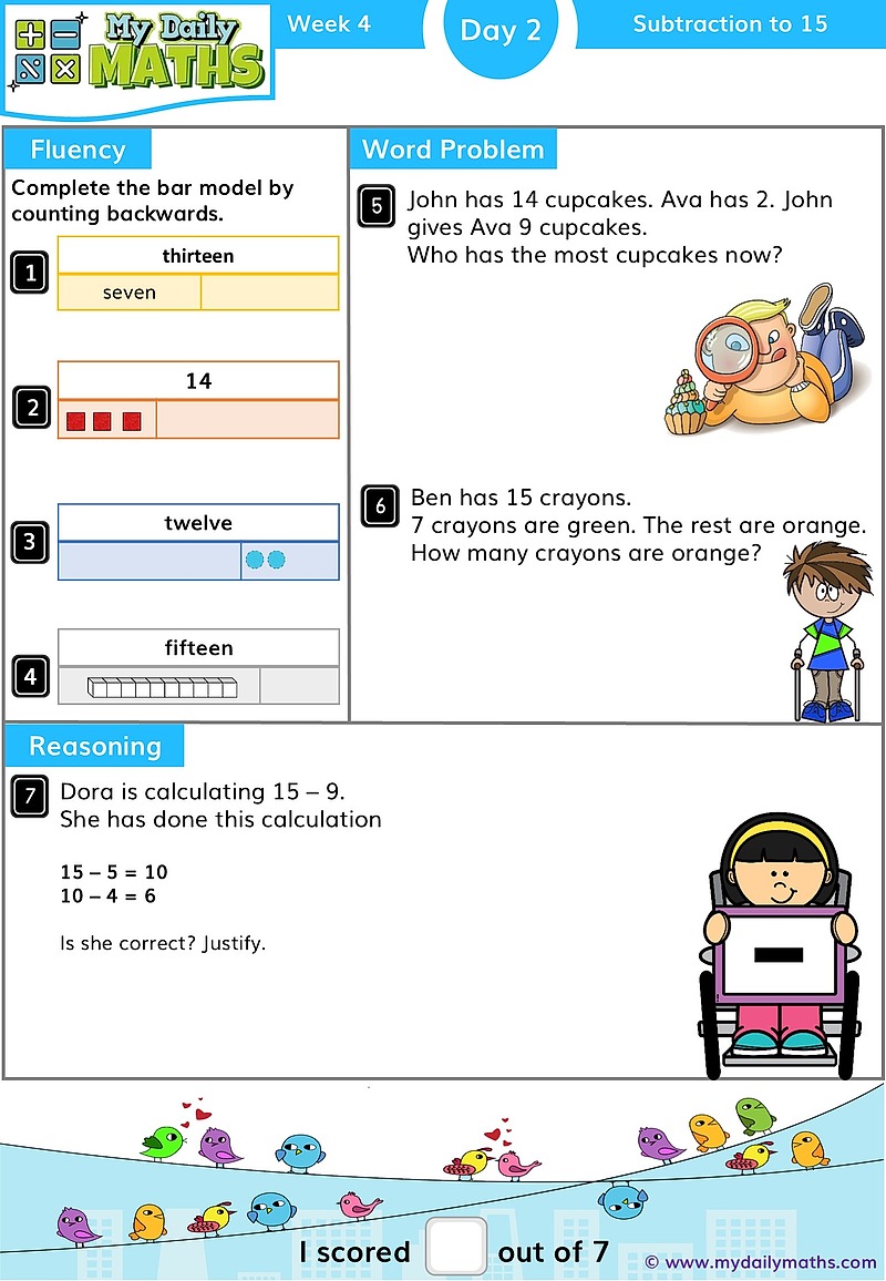 Year 1 Subtraction to 20 - Day 2 - Addition & Subtraction maths worksheet with fluency, word problem, and reasoning sections