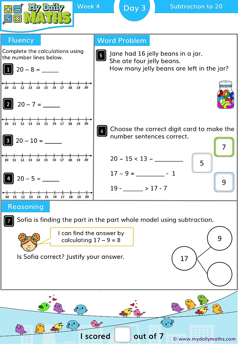 Year 1 Subtraction to 20 - Day 3 - Addition & Subtraction maths worksheet with fluency, word problem, and reasoning sections