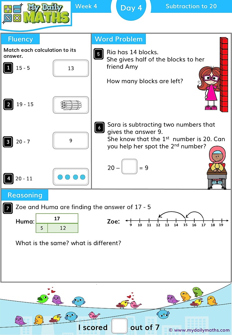 Year 1 Subtraction to 20 - Day 4 - Addition & Subtraction maths worksheet with fluency, word problem, and reasoning sections
