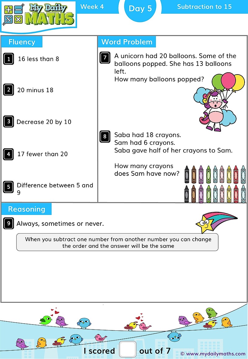 Year 1 Subtraction to 20 - Day 5 - Addition & Subtraction maths worksheet with fluency, word problem, and reasoning sections