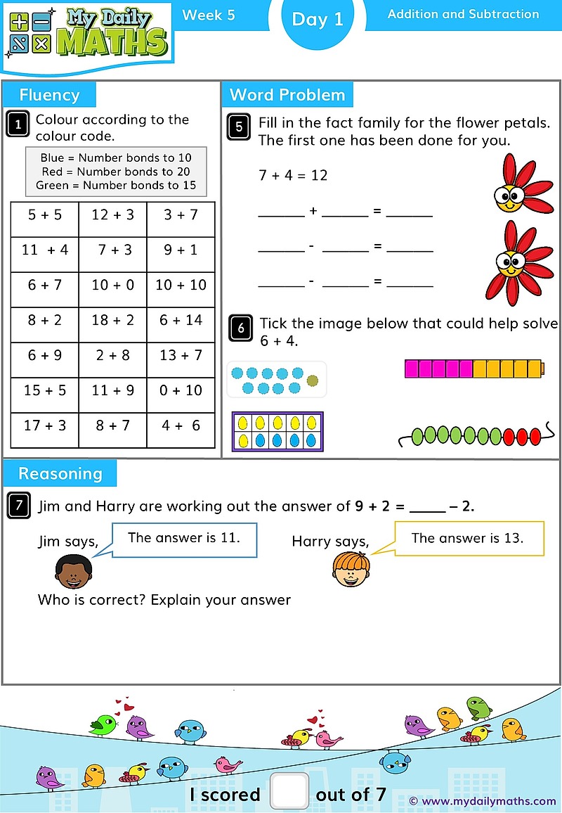 Year 1 Addition & Subtraction to 20 - Day 1 - Addition & Subtraction maths worksheet with fluency, word problem, and reasoning sections