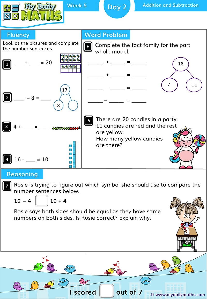Year 1 Addition & Subtraction to 20 - Day 2 - Addition & Subtraction maths worksheet with fluency, word problem, and reasoning sections