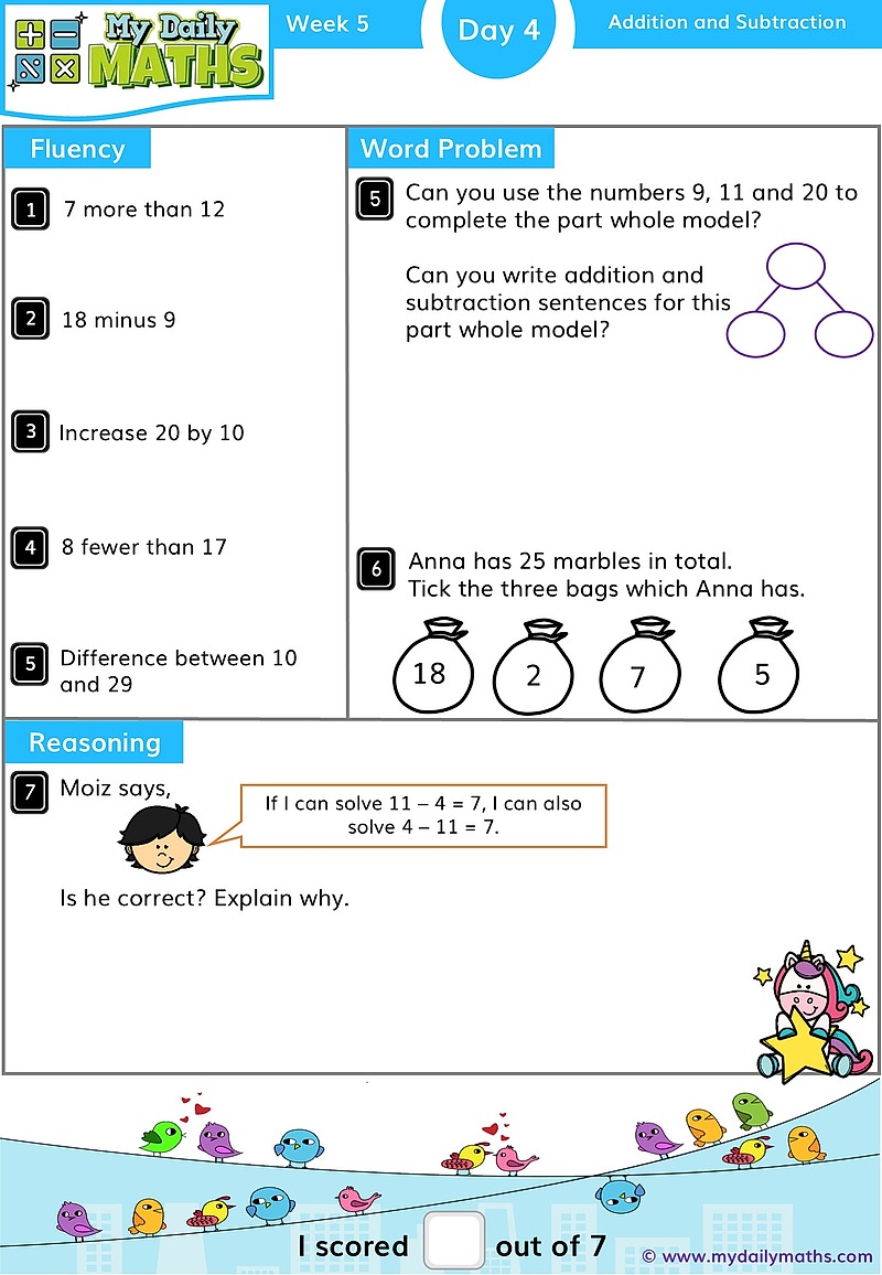 Year 1 Addition & Subtraction to 20 - Day 4 - Addition & Subtraction maths worksheet with fluency, word problem, and reasoning sections