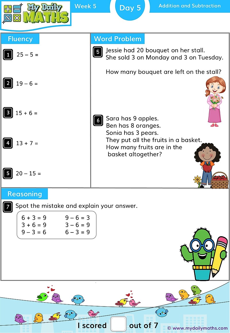 Year 1 Addition & Subtraction to 20 - Day 5 - Addition & Subtraction maths worksheet with fluency, word problem, and reasoning sections