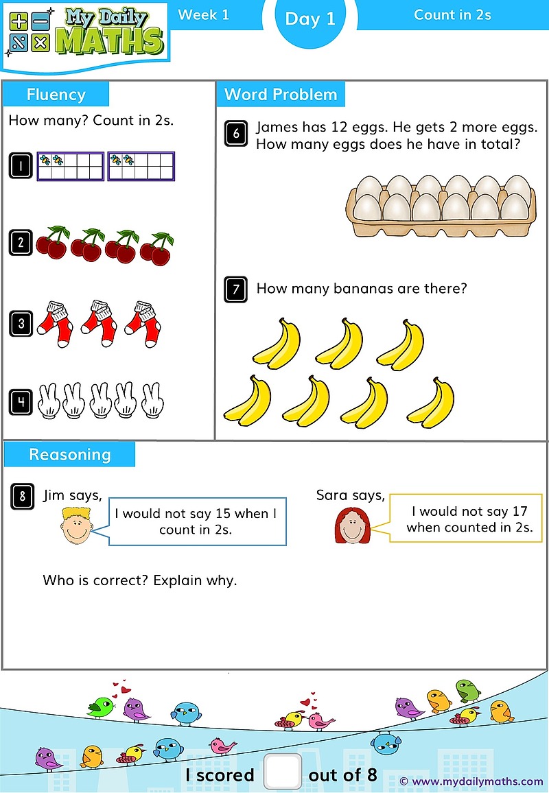 Year 1 Count in 2s - Day 1 - Counting maths worksheet with fluency, word problem, and reasoning sections