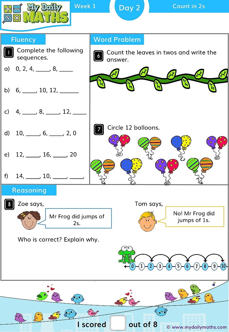 Year 1 Count in 2s - Day 2 - Counting maths worksheet with fluency, word problem, and reasoning sections