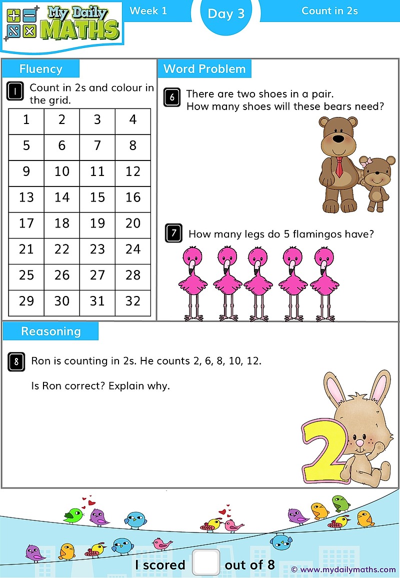 Year 1 Count in 2s - Day 3 - Counting maths worksheet with fluency, word problem, and reasoning sections