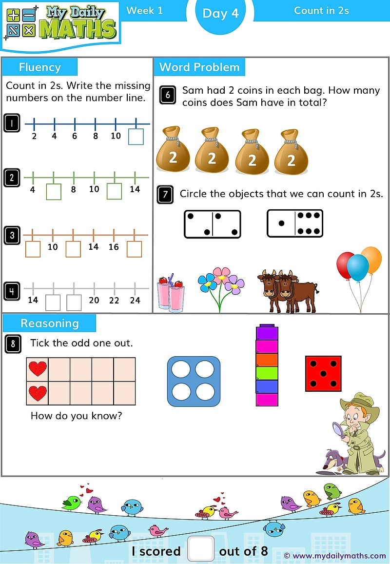 Year 1 Count in 2s - Day 4 - Counting maths worksheet with fluency, word problem, and reasoning sections