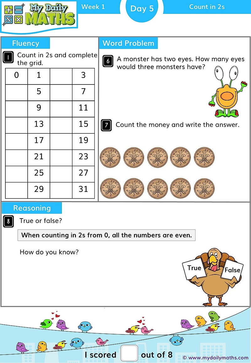 Year 1 Count in 2s - Day 5 - Counting maths worksheet with fluency, word problem, and reasoning sections