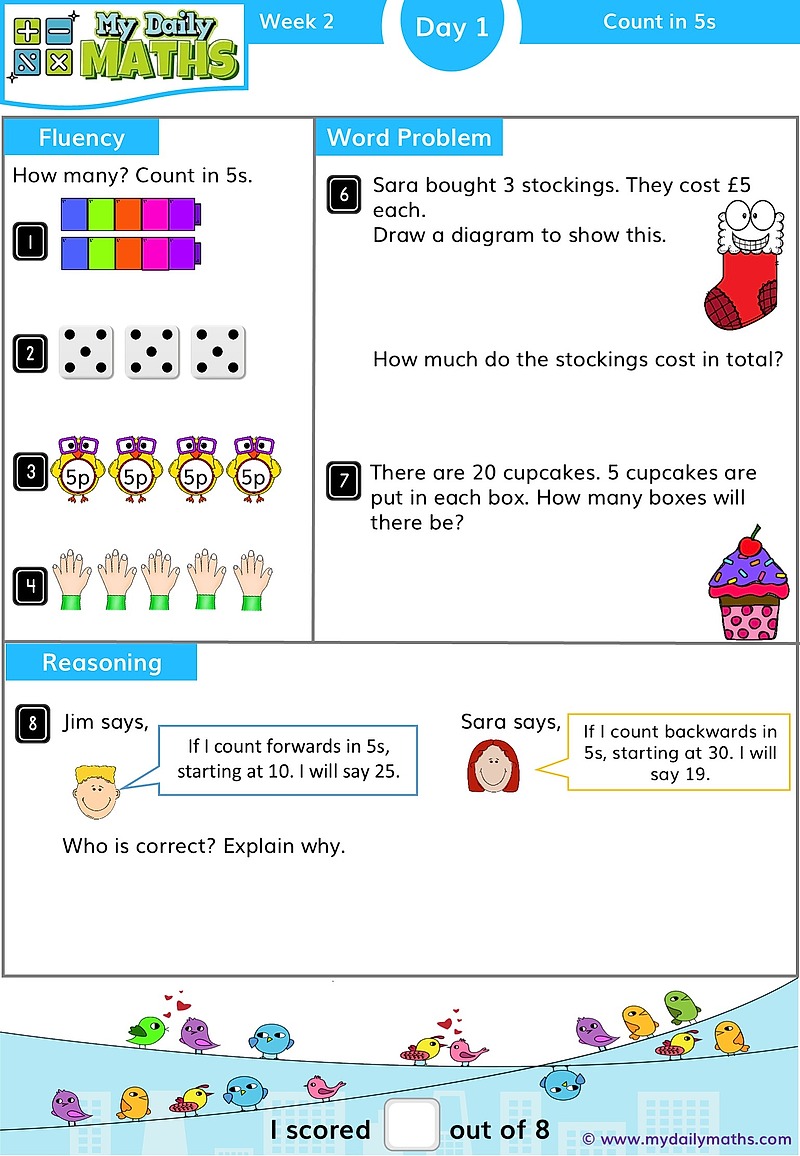 Year 1 Count in 5s - Day 1 - Counting maths worksheet with fluency, word problem, and reasoning sections