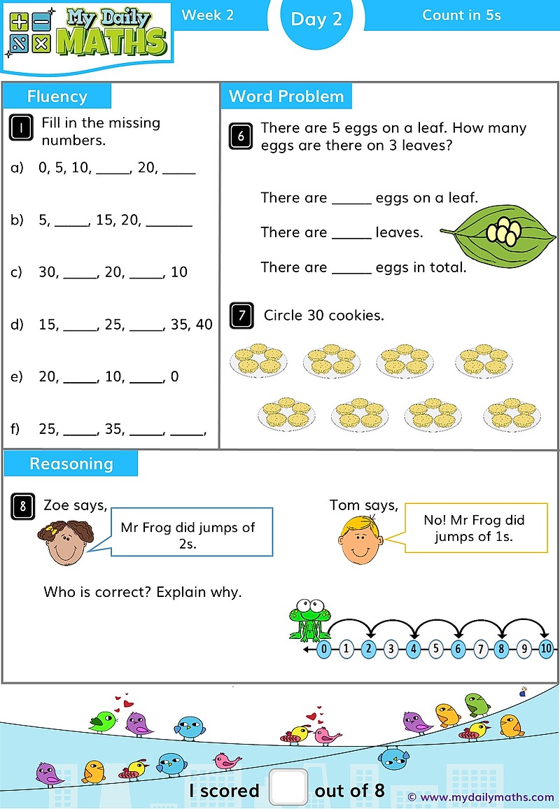 Year 1 Count in 5s - Day 2 - Counting maths worksheet with fluency, word problem, and reasoning sections