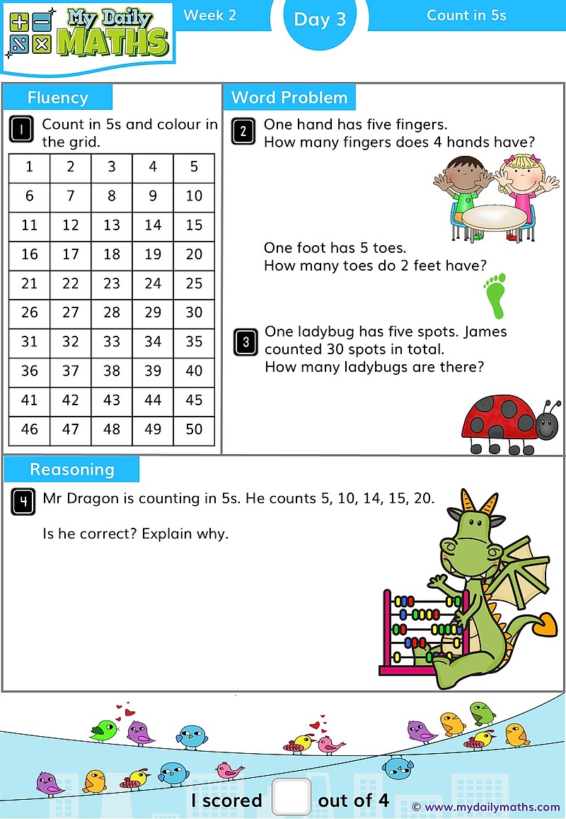 Year 1 Count in 5s - Day 3 - Counting maths worksheet with fluency, word problem, and reasoning sections