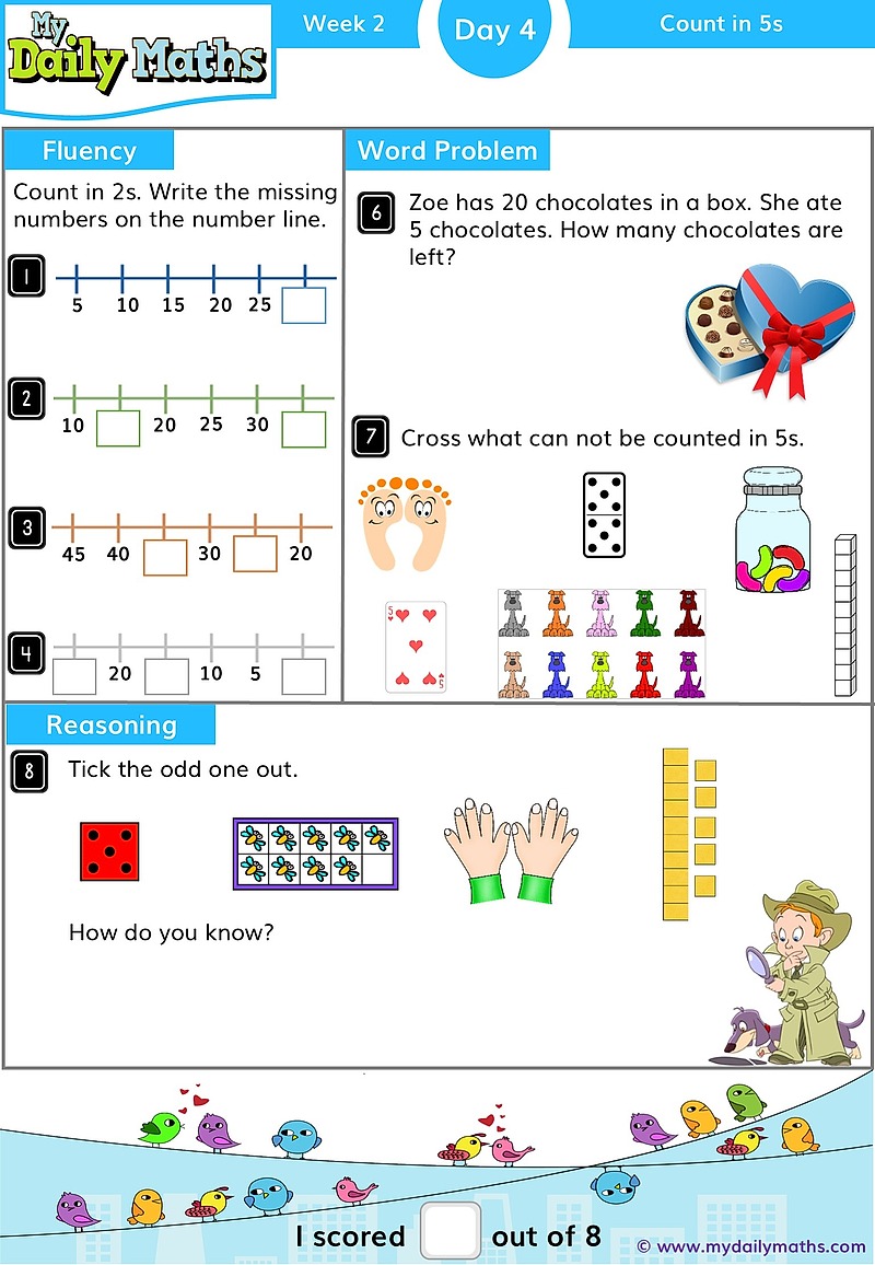 Year 1 Count in 5s - Day 4 - Counting maths worksheet with fluency, word problem, and reasoning sections
