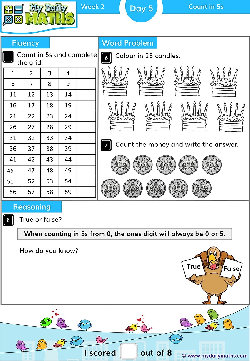 Year 1 Count in 5s - Day 5 - Counting maths worksheet with fluency, word problem, and reasoning sections