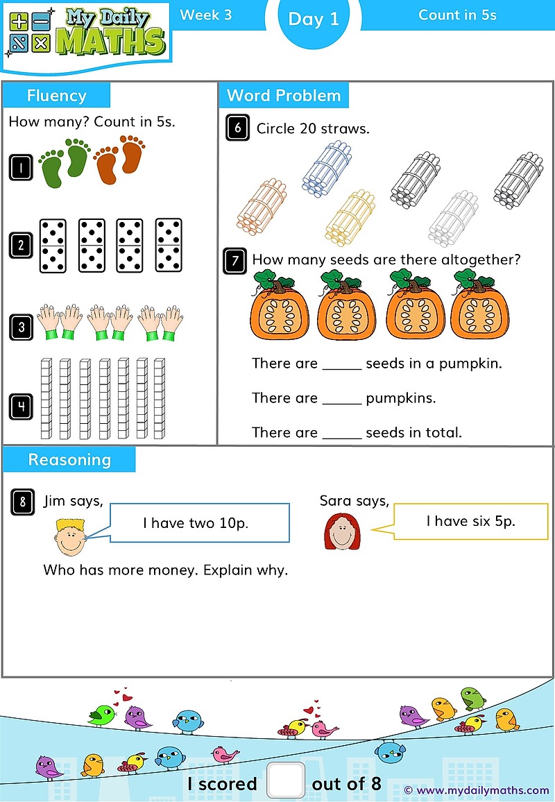 Year 1 Count in 2s, 5s and 10s - Day 1 - Counting maths worksheet with fluency, word problem, and reasoning sections