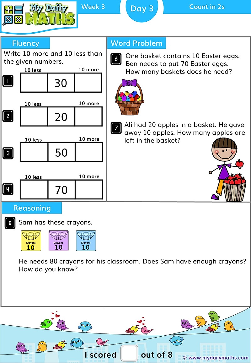 Year 1 Count in 2s, 5s and 10s - Day 3 - Counting maths worksheet with fluency, word problem, and reasoning sections