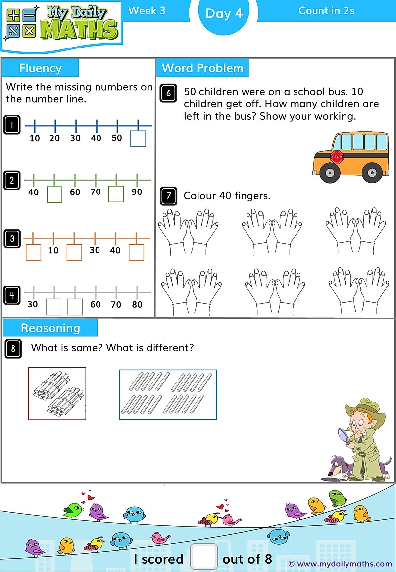 Year 1 Count in 2s, 5s and 10s - Day 4 - Counting maths worksheet with fluency, word problem, and reasoning sections