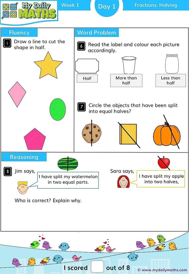 Year 1 Half - Day 1 - Fractions maths worksheet with fluency, word problem, and reasoning sections