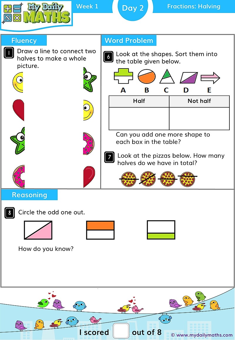 Year 1 Half - Day 2 - Fractions maths worksheet with fluency, word problem, and reasoning sections