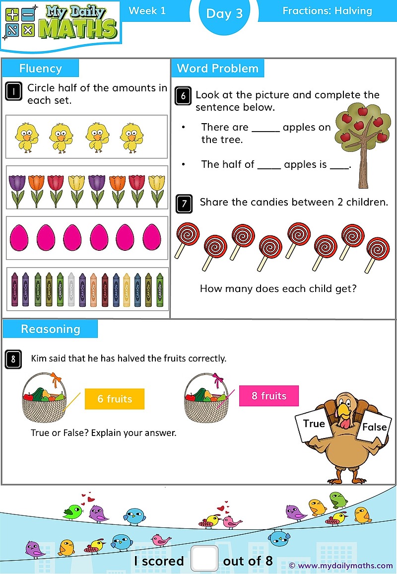 Year 1 Half - Day 3 - Fractions maths worksheet with fluency, word problem, and reasoning sections