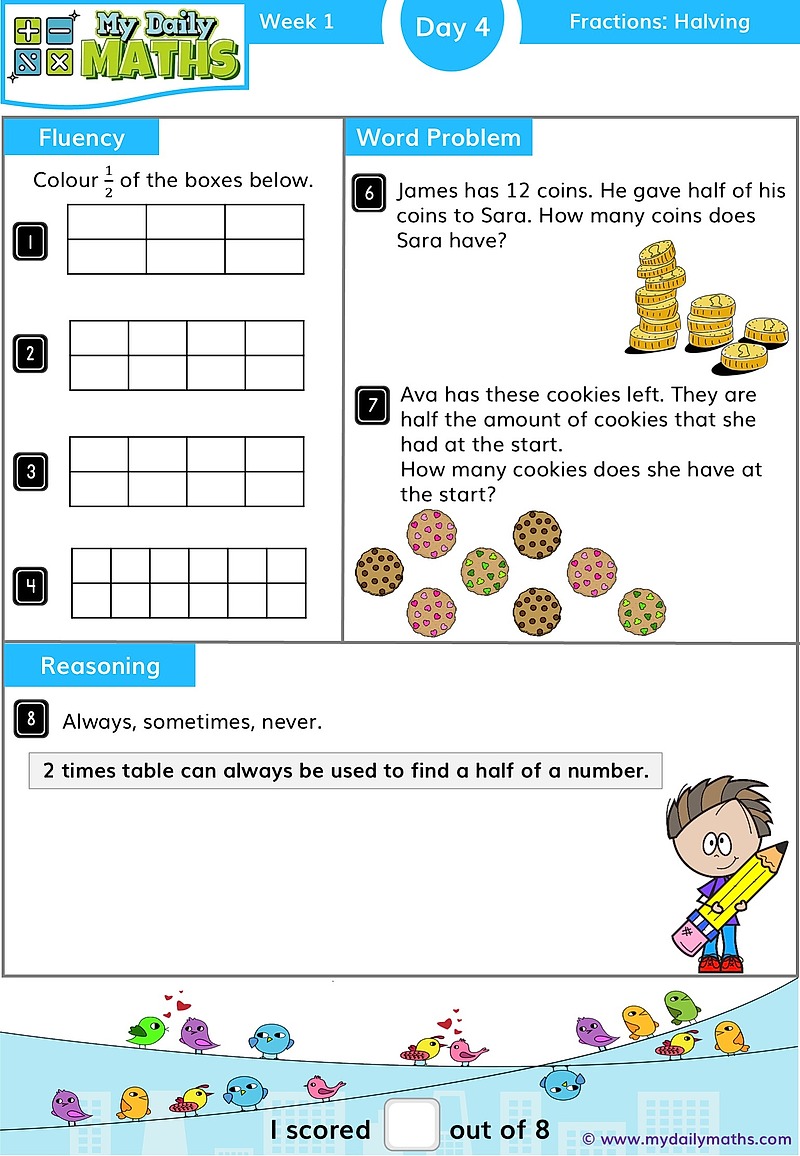 Year 1 Half - Day 4 - Fractions maths worksheet with fluency, word problem, and reasoning sections