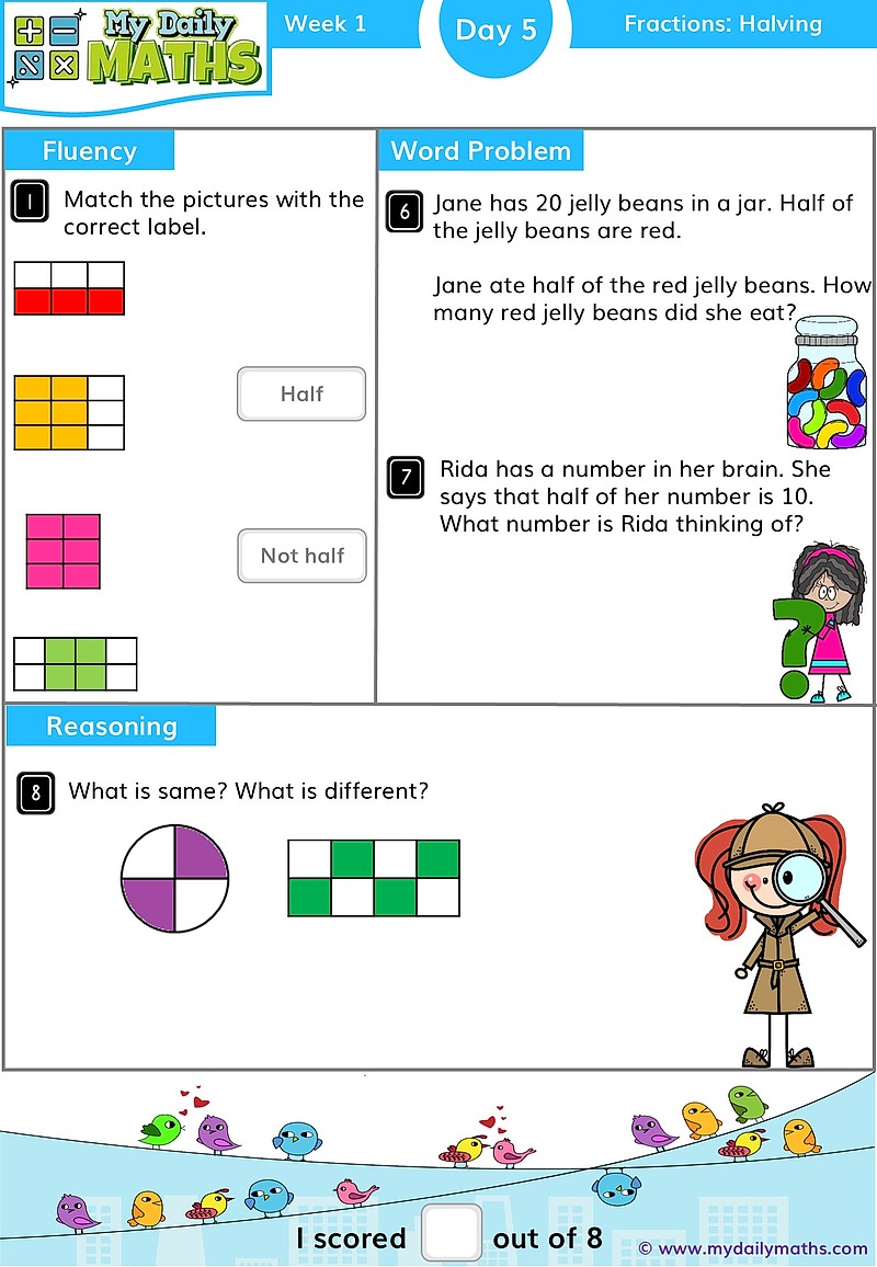 Year 1 Half - Day 5 - Fractions maths worksheet with fluency, word problem, and reasoning sections