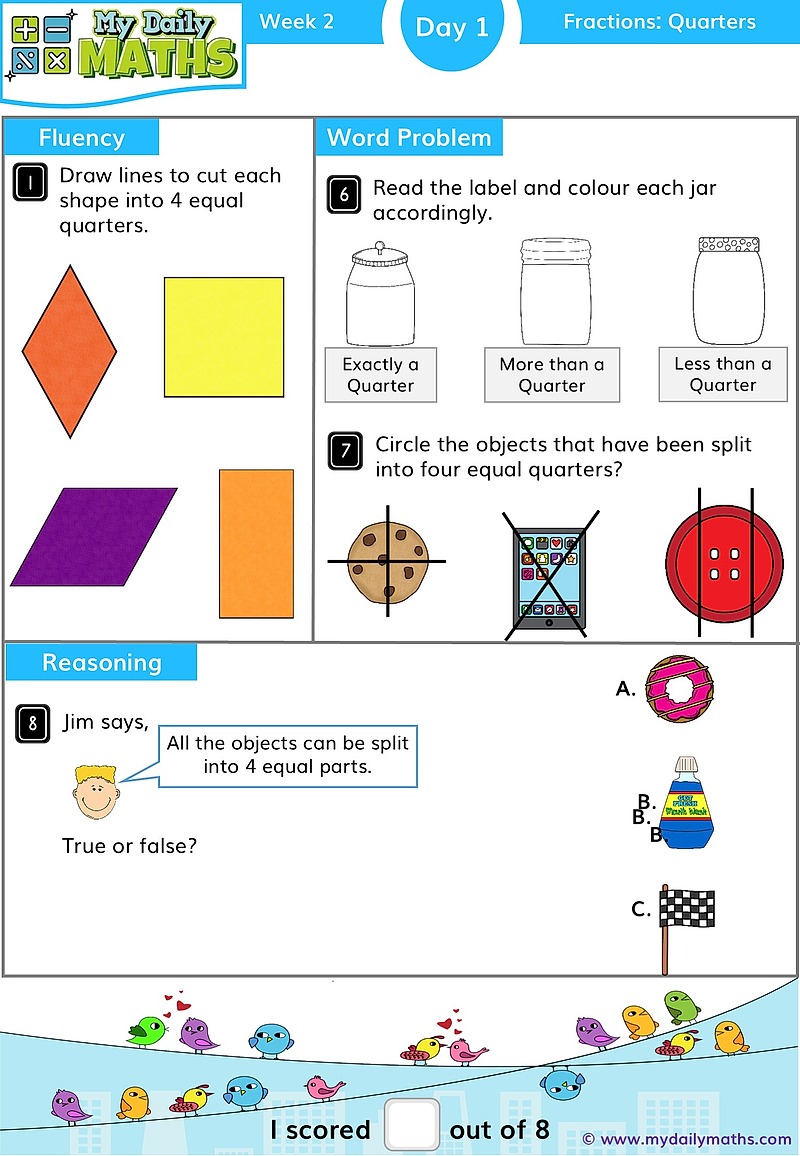 Year 1 Quarter - Day 1 - Fractions maths worksheet with fluency, word problem, and reasoning sections