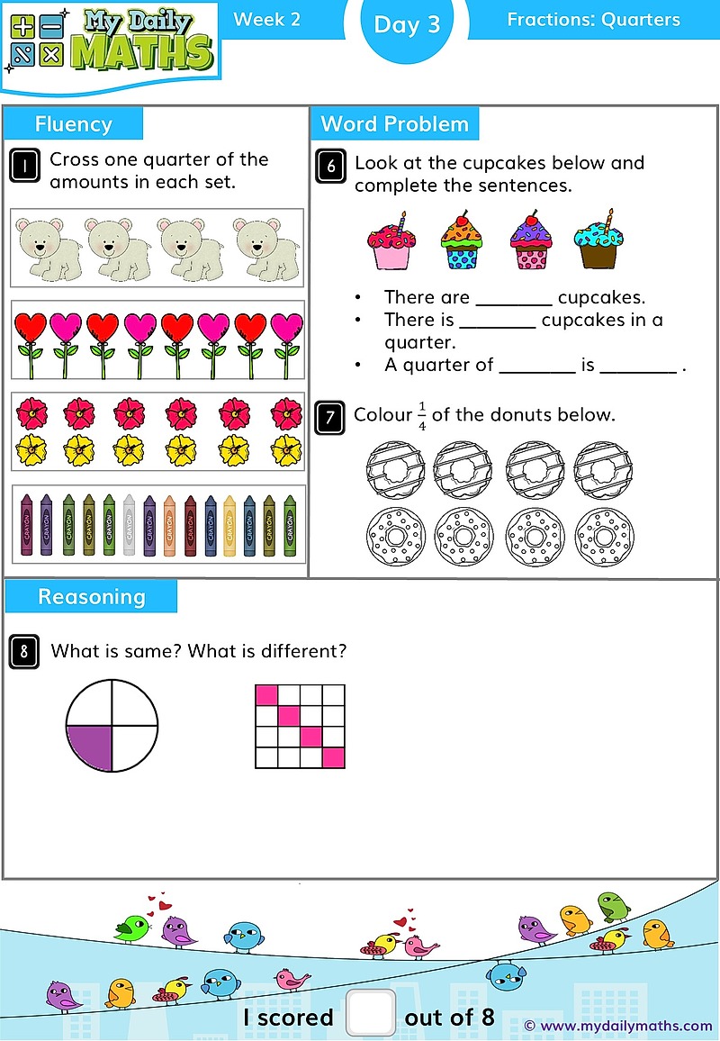Year 1 Quarter - Day 3 - Fractions maths worksheet with fluency, word problem, and reasoning sections
