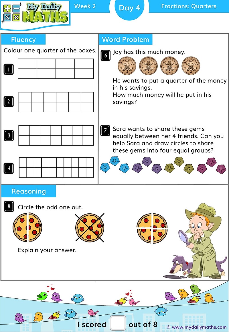 Year 1 Quarter - Day 4 - Fractions maths worksheet with fluency, word problem, and reasoning sections