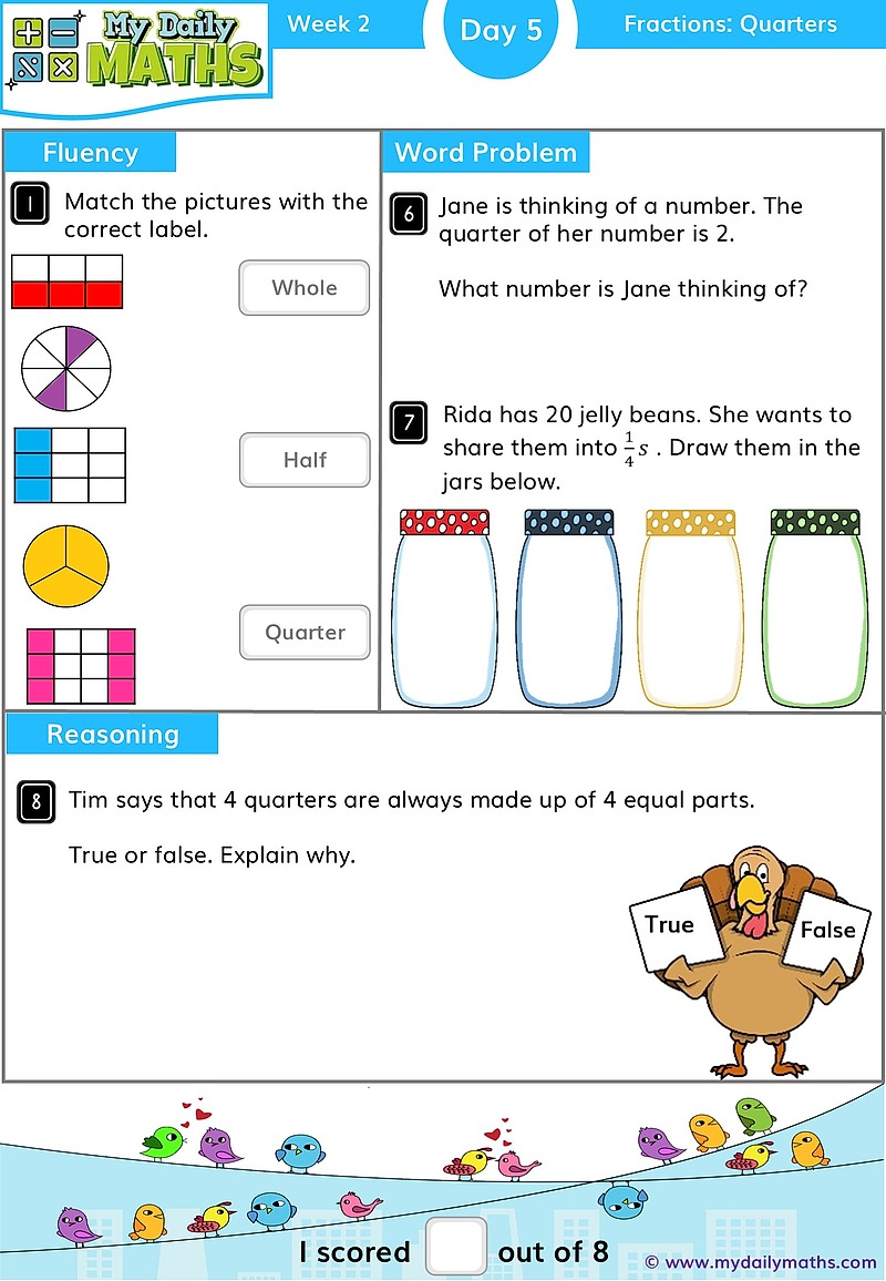 Year 1 Quarter - Day 5 - Fractions maths worksheet with fluency, word problem, and reasoning sections