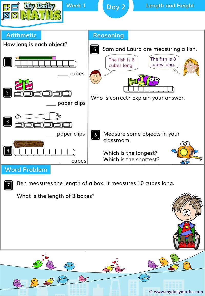 Year 1 Length and Height - Day 2 - Measurements maths worksheet with fluency, word problem, and reasoning sections