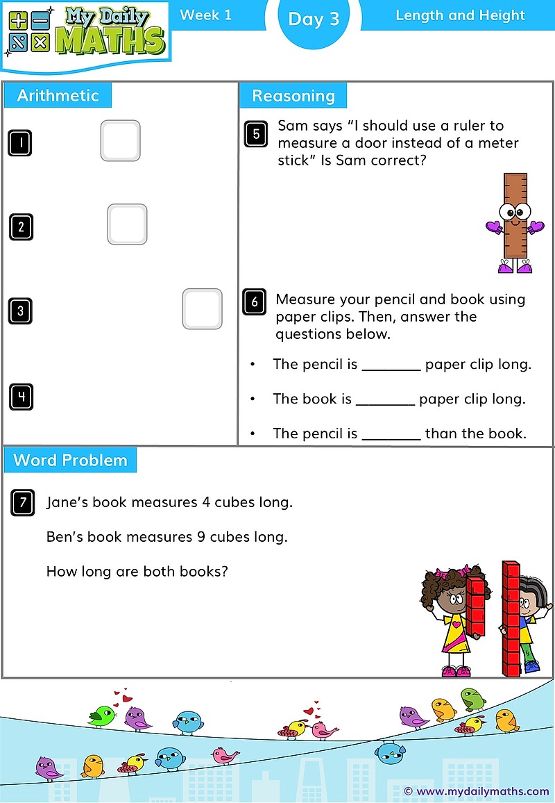 Year 1 Length and Height - Day 3 - Measurements maths worksheet with fluency, word problem, and reasoning sections