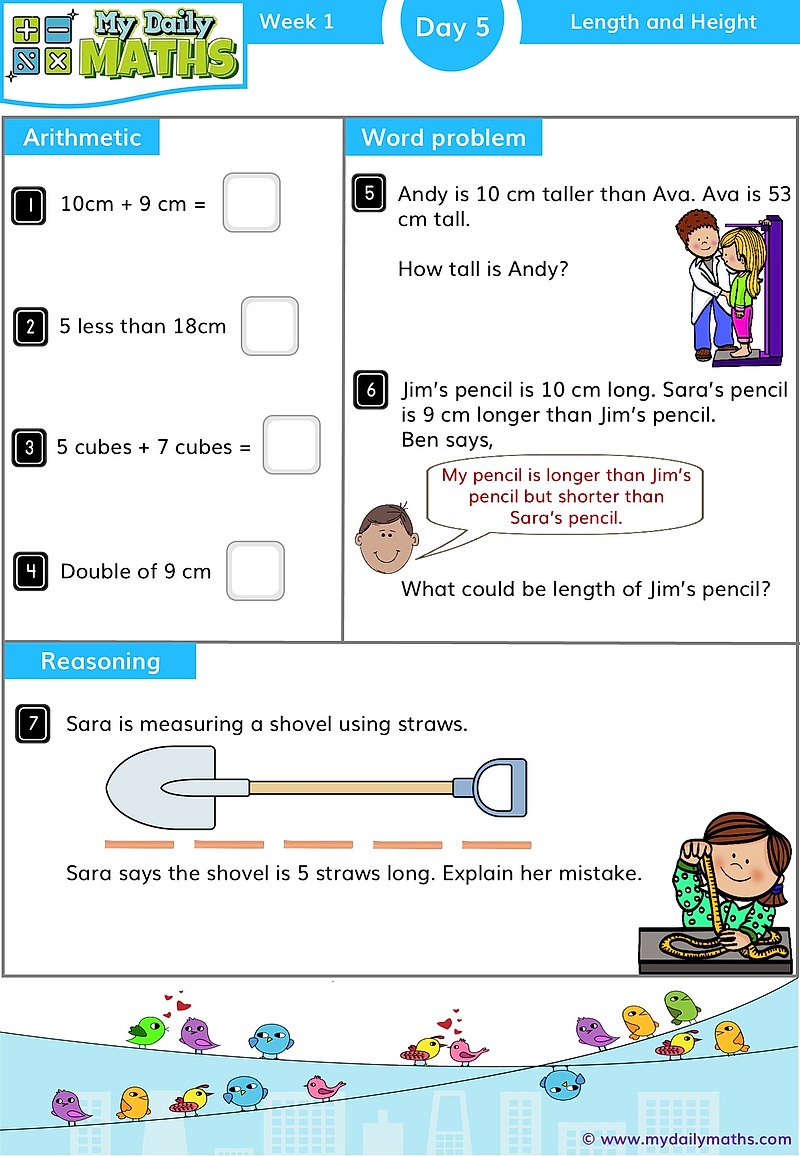 Year 1 Length and Height - Day 5 - Measurements maths worksheet with fluency, word problem, and reasoning sections