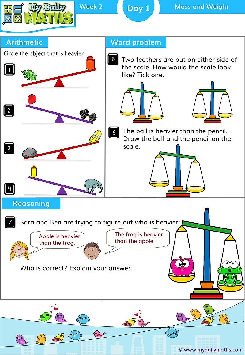 Year 1 Weight and Mass - Day 1 - Measurements maths worksheet with fluency, word problem, and reasoning sections