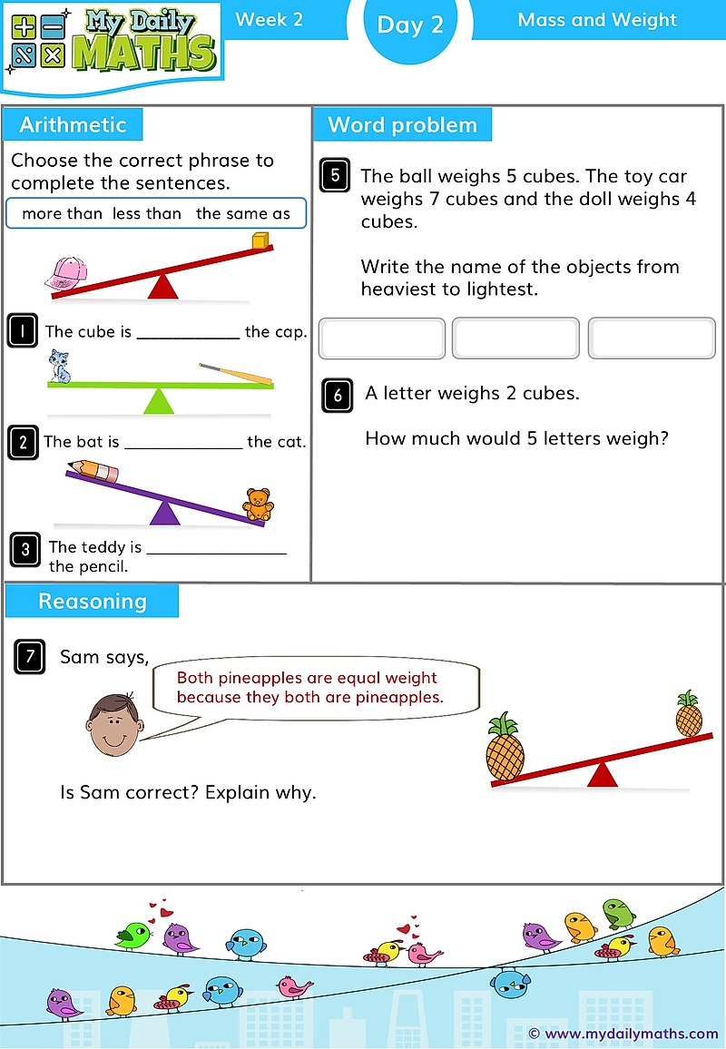 Year 1 Weight and Mass - Day 2 - Measurements maths worksheet with fluency, word problem, and reasoning sections