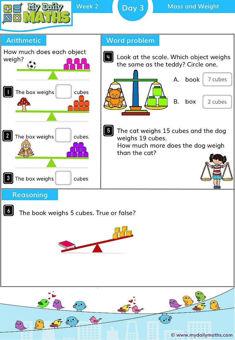 Year 1 Weight and Mass - Day 3 - Measurements maths worksheet with fluency, word problem, and reasoning sections