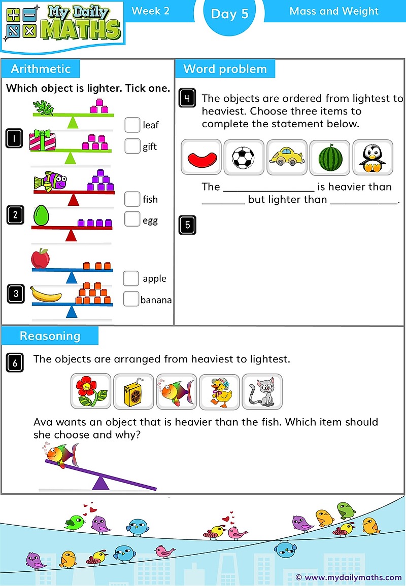Year 1 Weight and Mass - Day 5 - Measurements maths worksheet with fluency, word problem, and reasoning sections