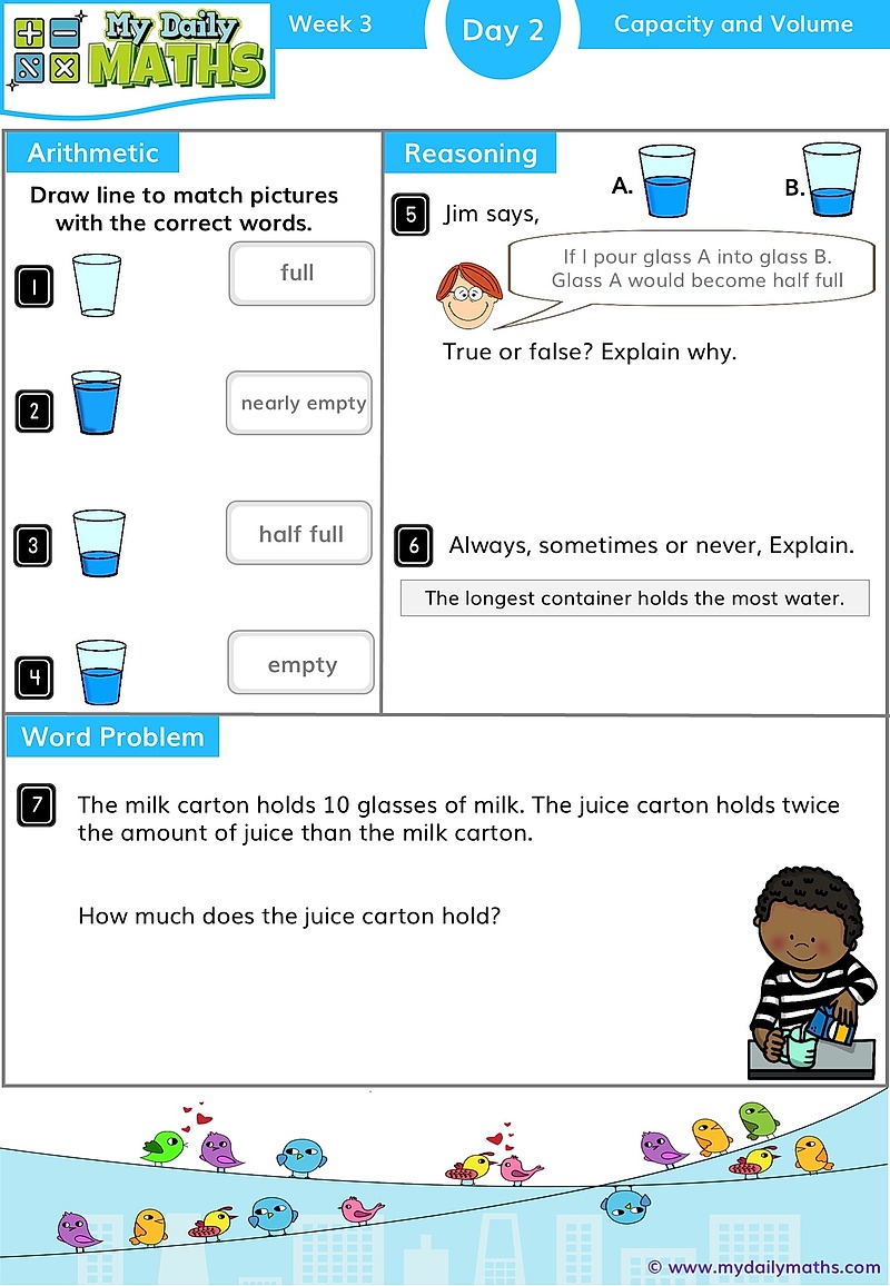 Year 1 Capacity and Volume - Day 2 - Measurements maths worksheet with fluency, word problem, and reasoning sections